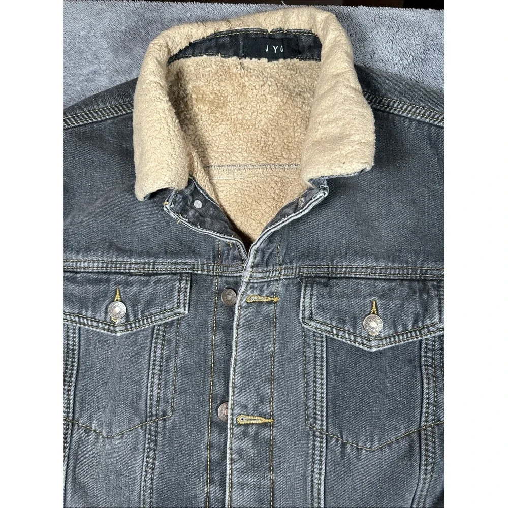 JYG Sherpa Lined Denim Trucker Jacket Gray Washed Button Front Men‎ L